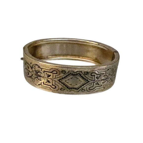 Antique Victorian Gold Filled Black Enamel Bangle Bracelet H&B Pat 7/2/1874 - Picture 1 of 5